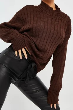 Rebellious Fashion Chocolate Brown Knit High Neck Jumper - Jaelynn