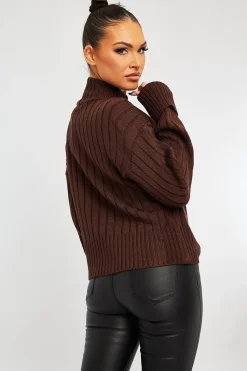 Rebellious Fashion Chocolate Brown Knit High Neck Jumper - Jaelynn
