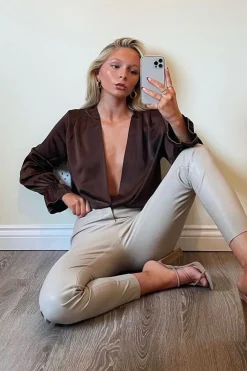 Rebellious Fashion Chocolate Brown Satin Plunge Wrap Bodysuit - Penelopi
