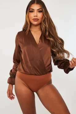 Rebellious Fashion Chocolate Brown Satin Plunge Wrap Bodysuit - Penelopi