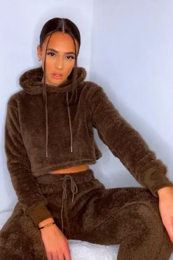 Rebellious Fashion Chocolate Cropped Teddy Hoodie - Amyia