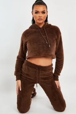 Rebellious Fashion Chocolate Cropped Teddy Hoodie - Amyia