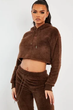 Rebellious Fashion Chocolate Cropped Teddy Hoodie - Amyia