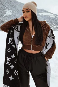 Rebellious Fashion Chocolate Cropped Teddy Zip Up Hoodie - Cheryl