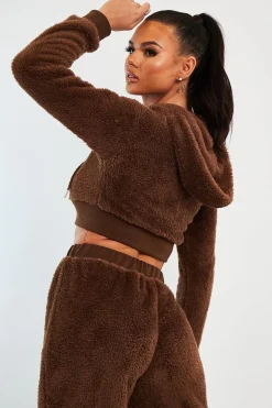 Rebellious Fashion Chocolate Cropped Teddy Zip Up Hoodie - Cheryl