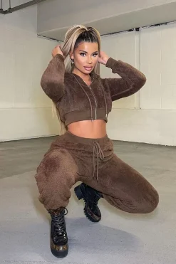 Rebellious Fashion Chocolate Cropped Teddy Zip Up Hoodie - Cheryl