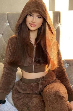Rebellious Fashion Chocolate Cropped Teddy Zip Up Hoodie - Cheryl