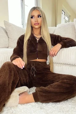 Rebellious Fashion Chocolate Cropped Teddy Zip Up Hoodie - Cheryl