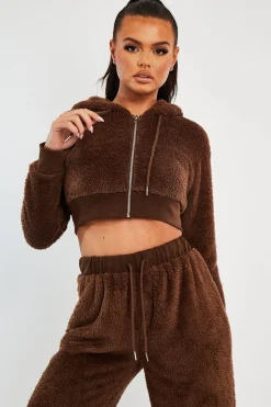 Rebellious Fashion Chocolate Cropped Teddy Zip Up Hoodie - Cheryl