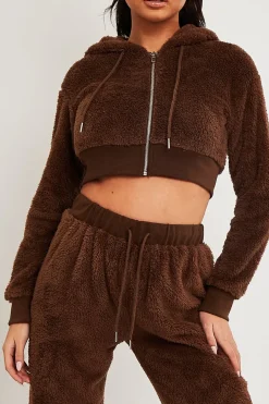 Rebellious Fashion Chocolate Cropped Teddy Zip Up Hoodie - Cheryl