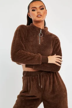 Rebellious Fashion Chocolate Cropped Zip Front Teddy Jumper - Brady