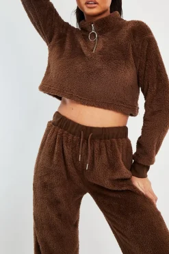 Rebellious Fashion Chocolate Cropped Zip Front Teddy Jumper - Brady