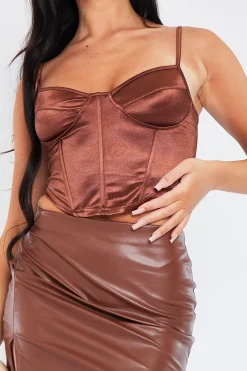Rebellious Fashion Chocolate Cupped Corset Crop Top - Dixie