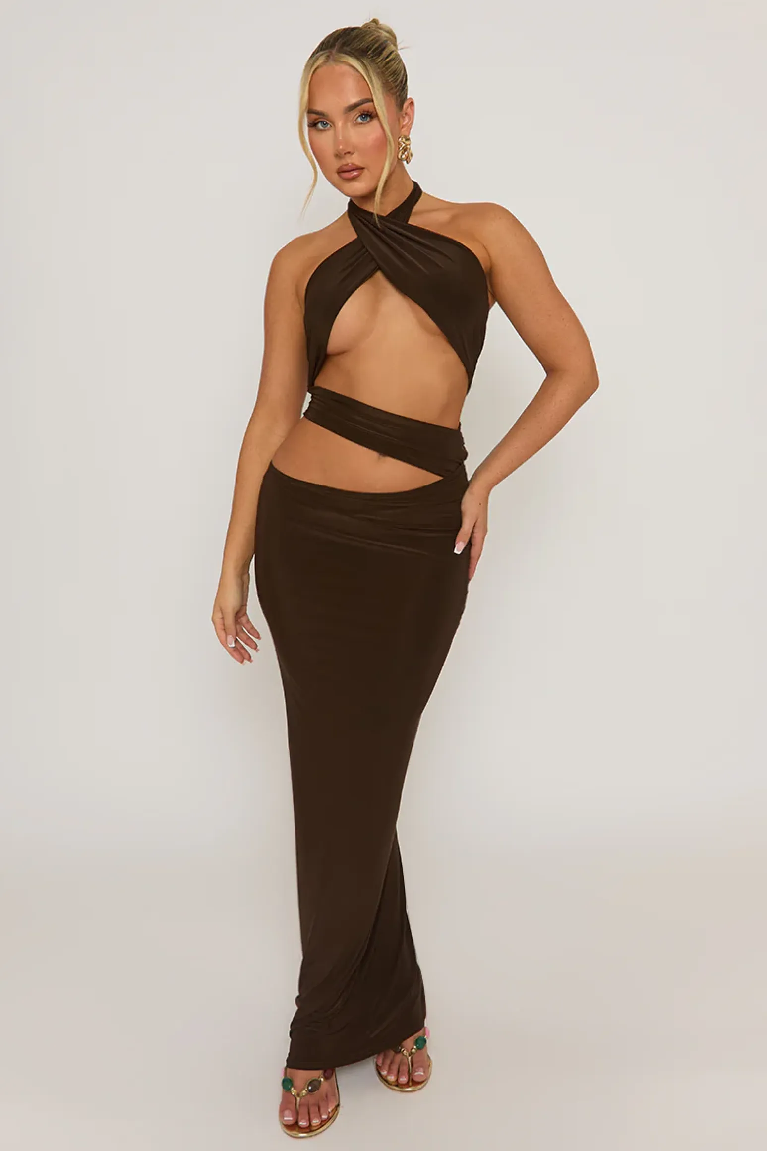 Rebellious Fashion Chocolate Cut Out Halter Maxi Dress - Patrizia