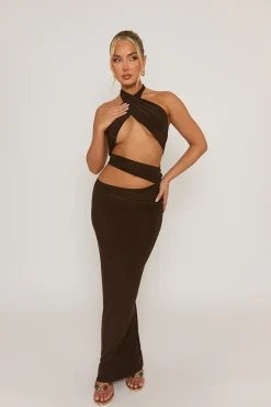 Rebellious Fashion Chocolate Cut Out Halter Maxi Dress - Patrizia