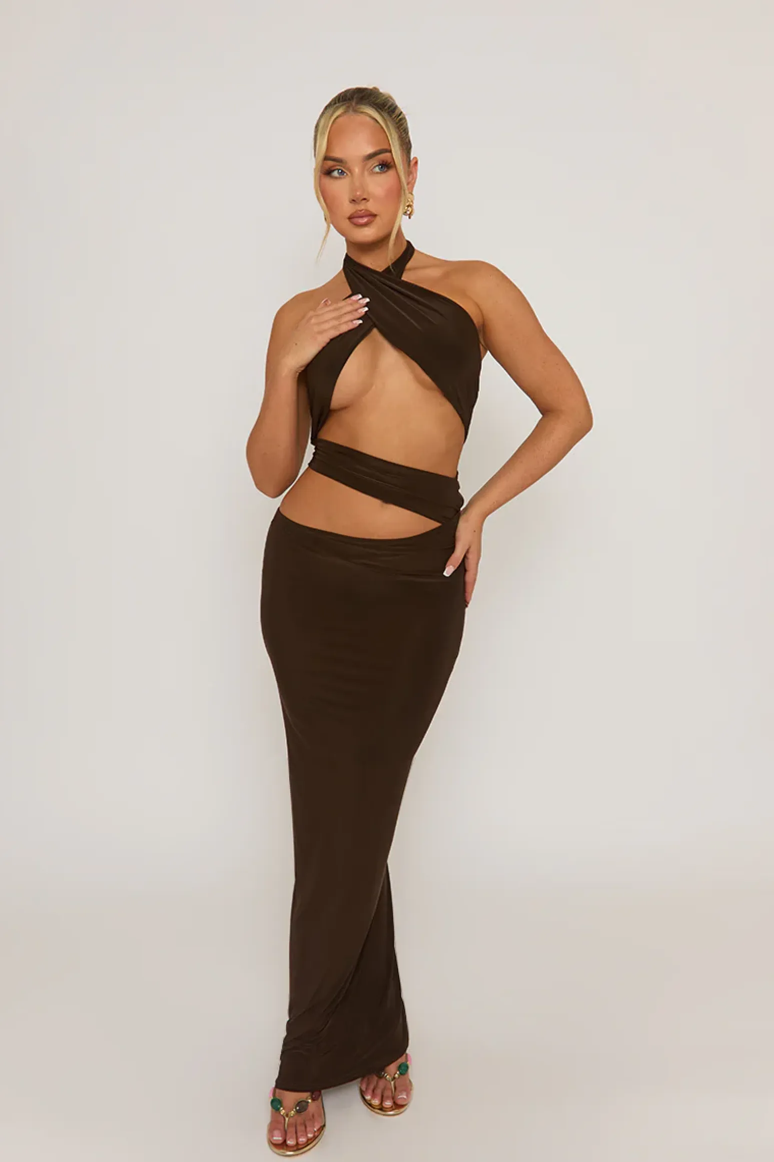 Rebellious Fashion Chocolate Cut Out Halter Maxi Dress - Patrizia