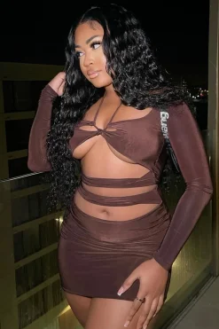 Rebellious Fashion Chocolate Cut Out Tie Front Crop Top & Mini Skirt Set - Kayla