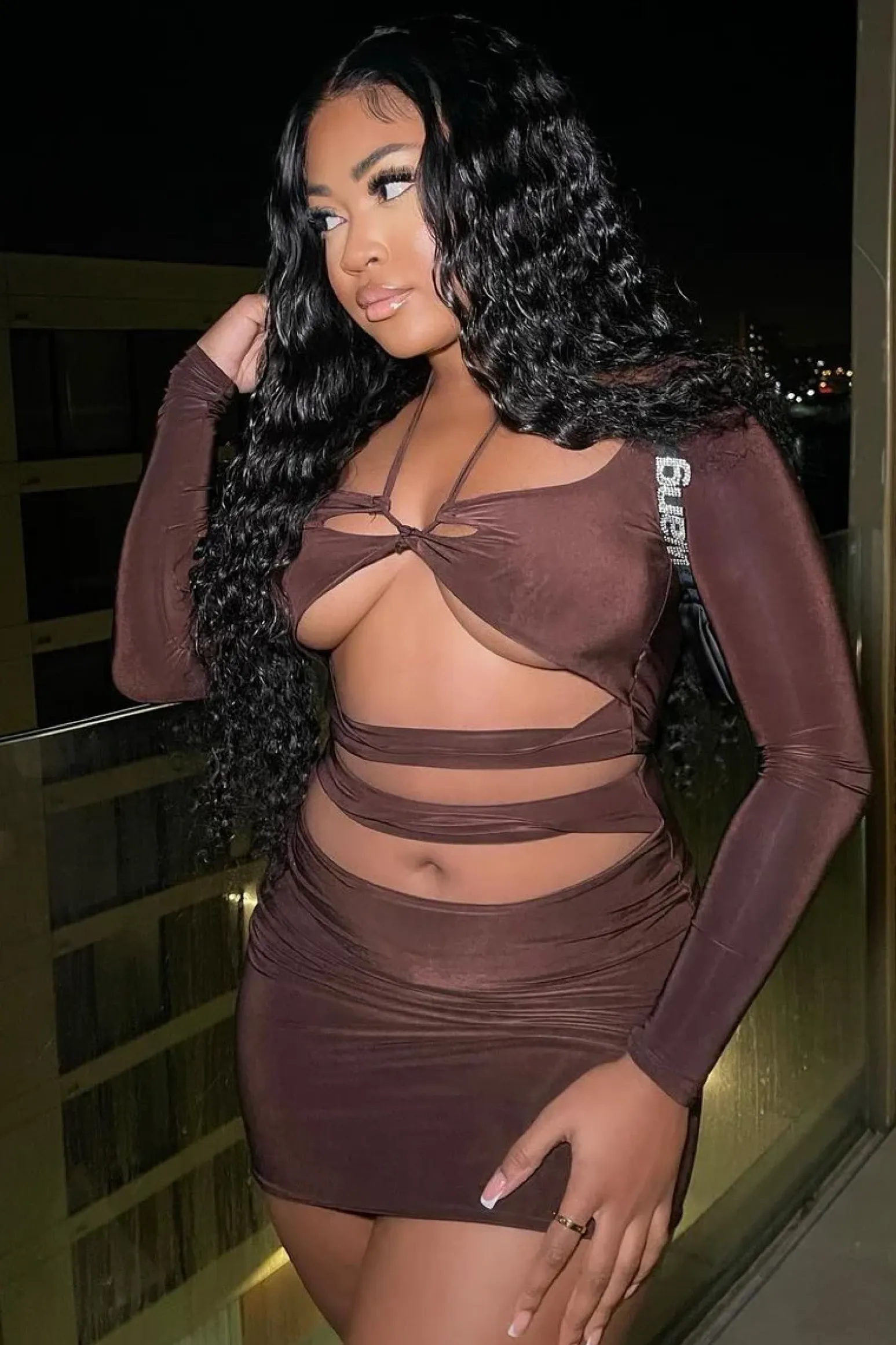 Rebellious Fashion Chocolate Cut Out Tie Front Crop Top & Mini Skirt Set - Kayla