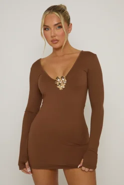 Rebellious Fashion Chocolate Gold Trim Plunge Mini Dress - Briar