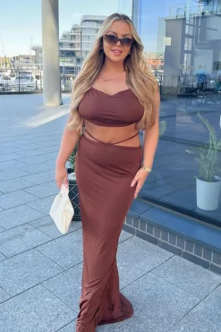 Rebellious Fashion Chocolate Halter Neck Crop Top & Tie Waist Ruched Bum Maxi Skirt Set - Tilly