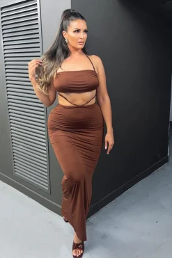 Rebellious Fashion Chocolate Halter Neck Crop Top & Tie Waist Ruched Bum Maxi Skirt Set - Tilly