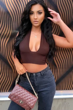 Rebellious Fashion Chocolate Halter Neck Slinky Crop Top - Jessabel