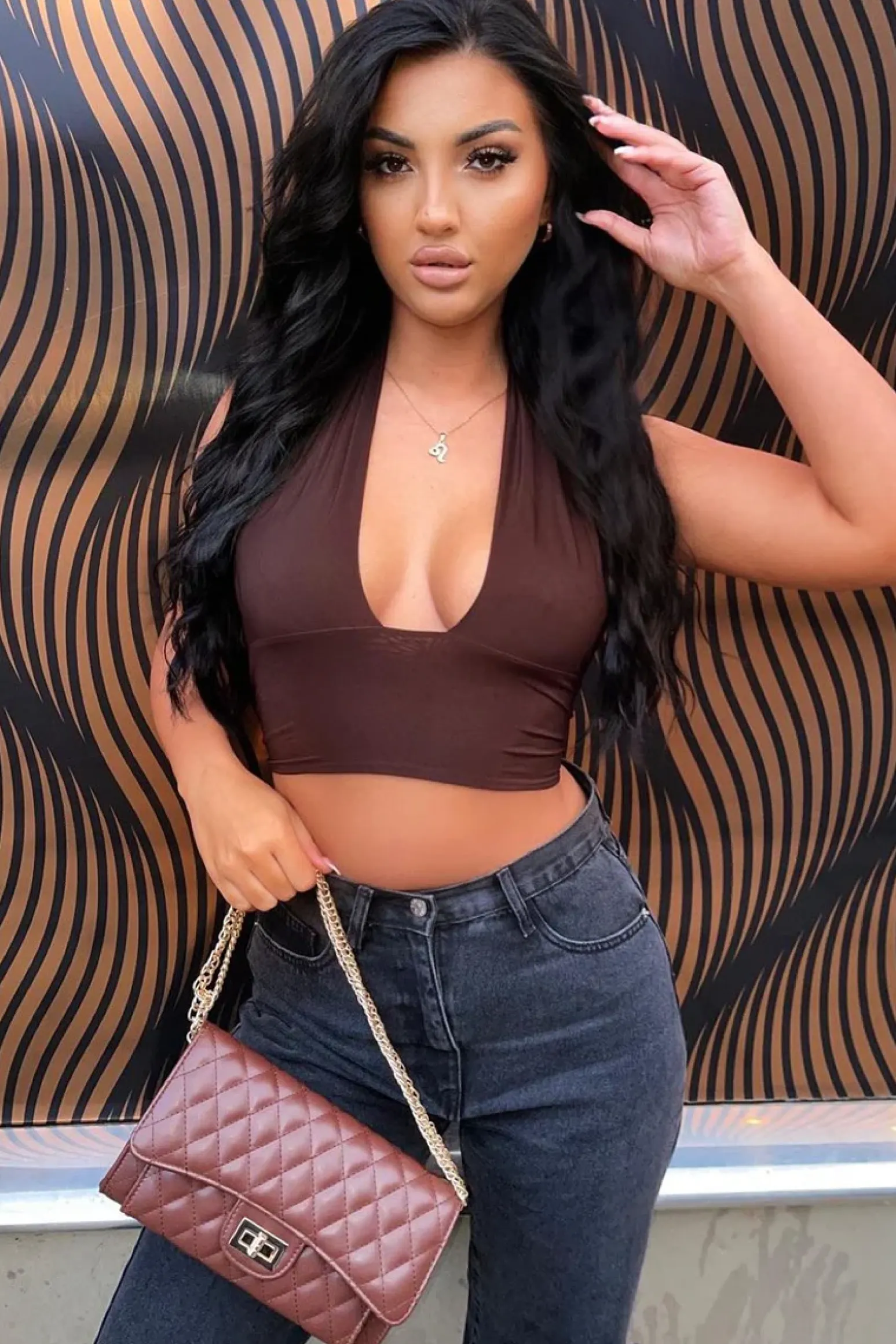 Rebellious Fashion Chocolate Halter Neck Slinky Crop Top - Jessabel