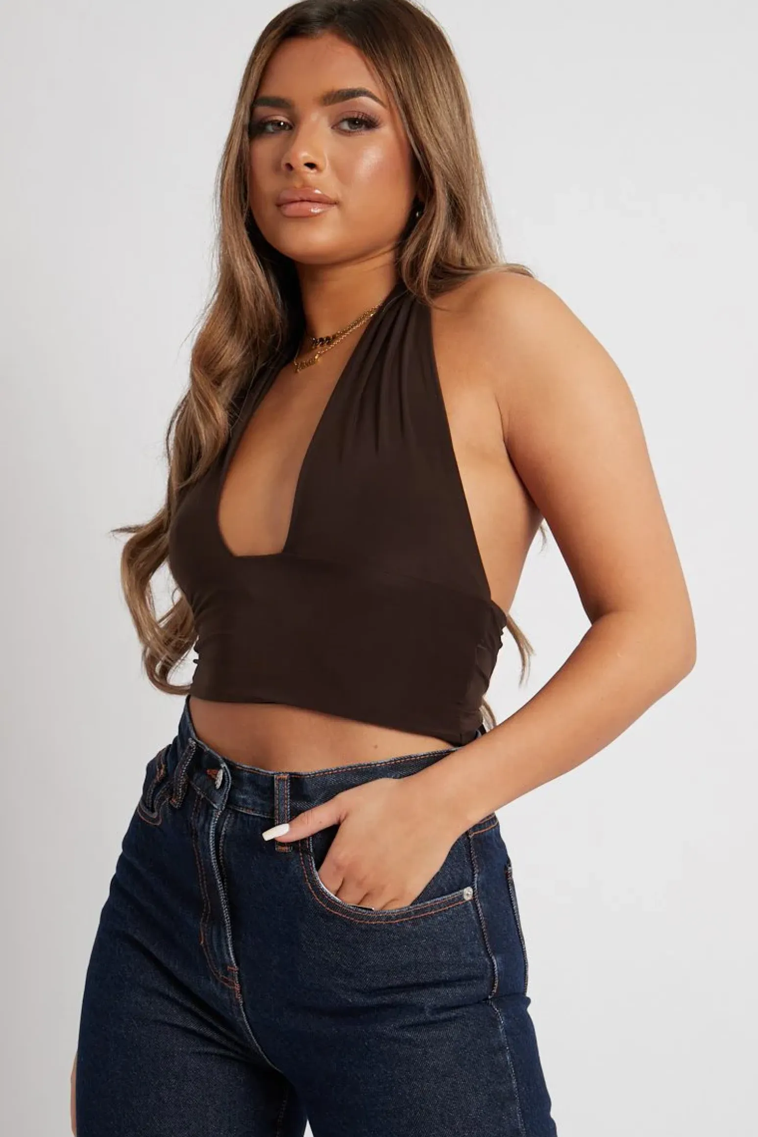 Rebellious Fashion Chocolate Halter Neck Slinky Crop Top - Jessabel