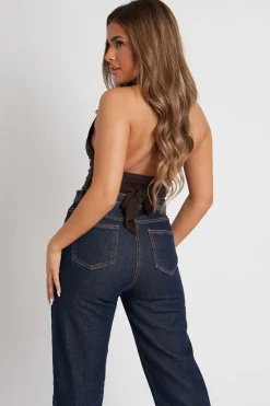 Rebellious Fashion Chocolate Halter Neck Slinky Crop Top - Jessabel