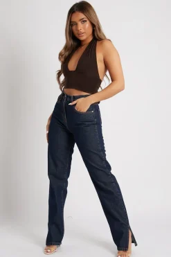 Rebellious Fashion Chocolate Halter Neck Slinky Crop Top - Jessabel