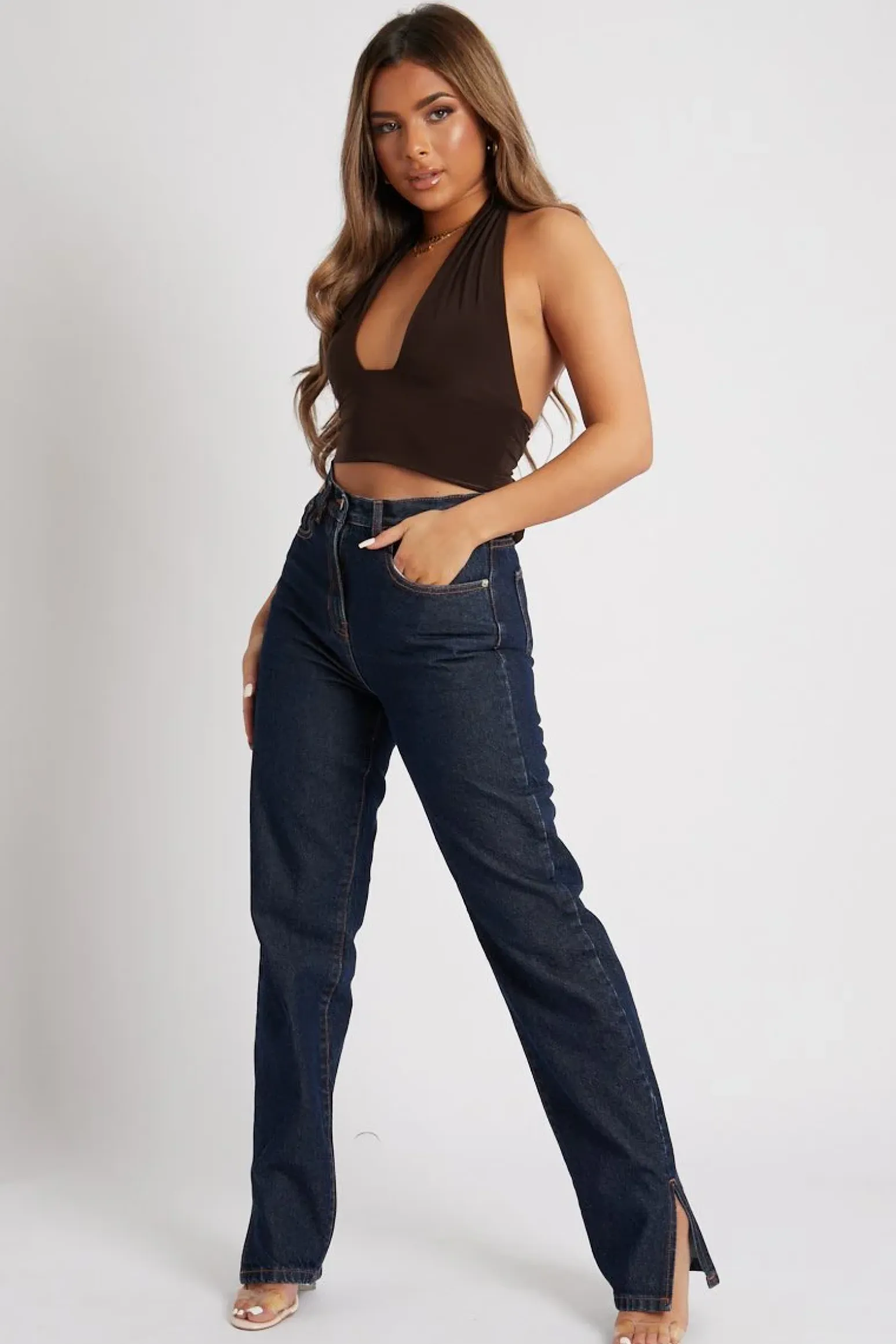 Rebellious Fashion Chocolate Halter Neck Slinky Crop Top - Jessabel