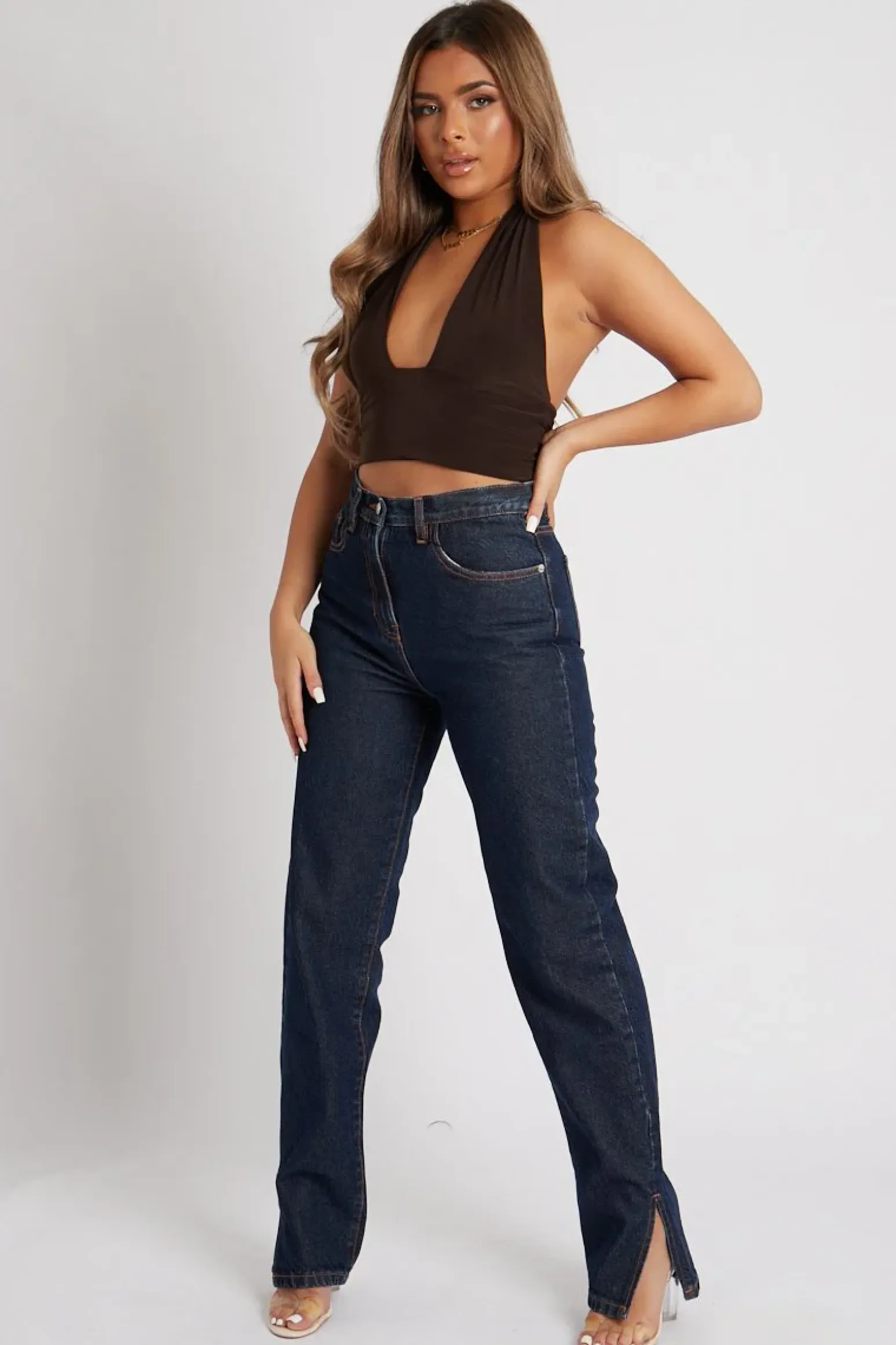 Rebellious Fashion Chocolate Halter Neck Slinky Crop Top - Jessabel