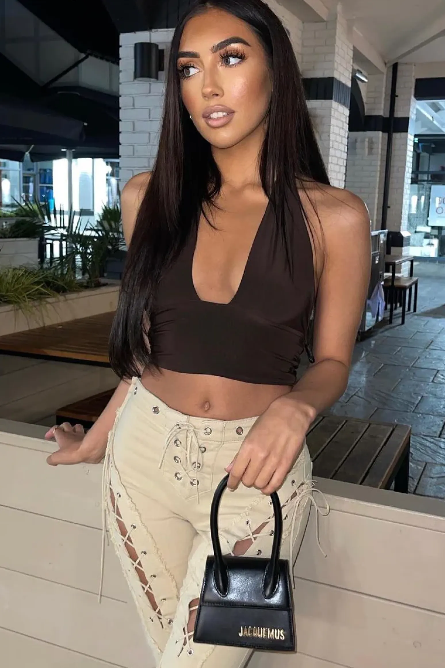 Rebellious Fashion Chocolate Halter Neck Slinky Crop Top - Jessabel