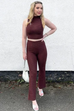 Rebellious Fashion Chocolate High Neck Crop Top & Flare Pants Set - Dailyn