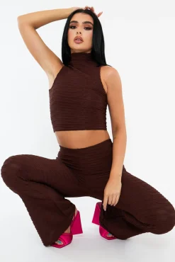 Rebellious Fashion Chocolate High Neck Crop Top & Flare Pants Set - Dailyn