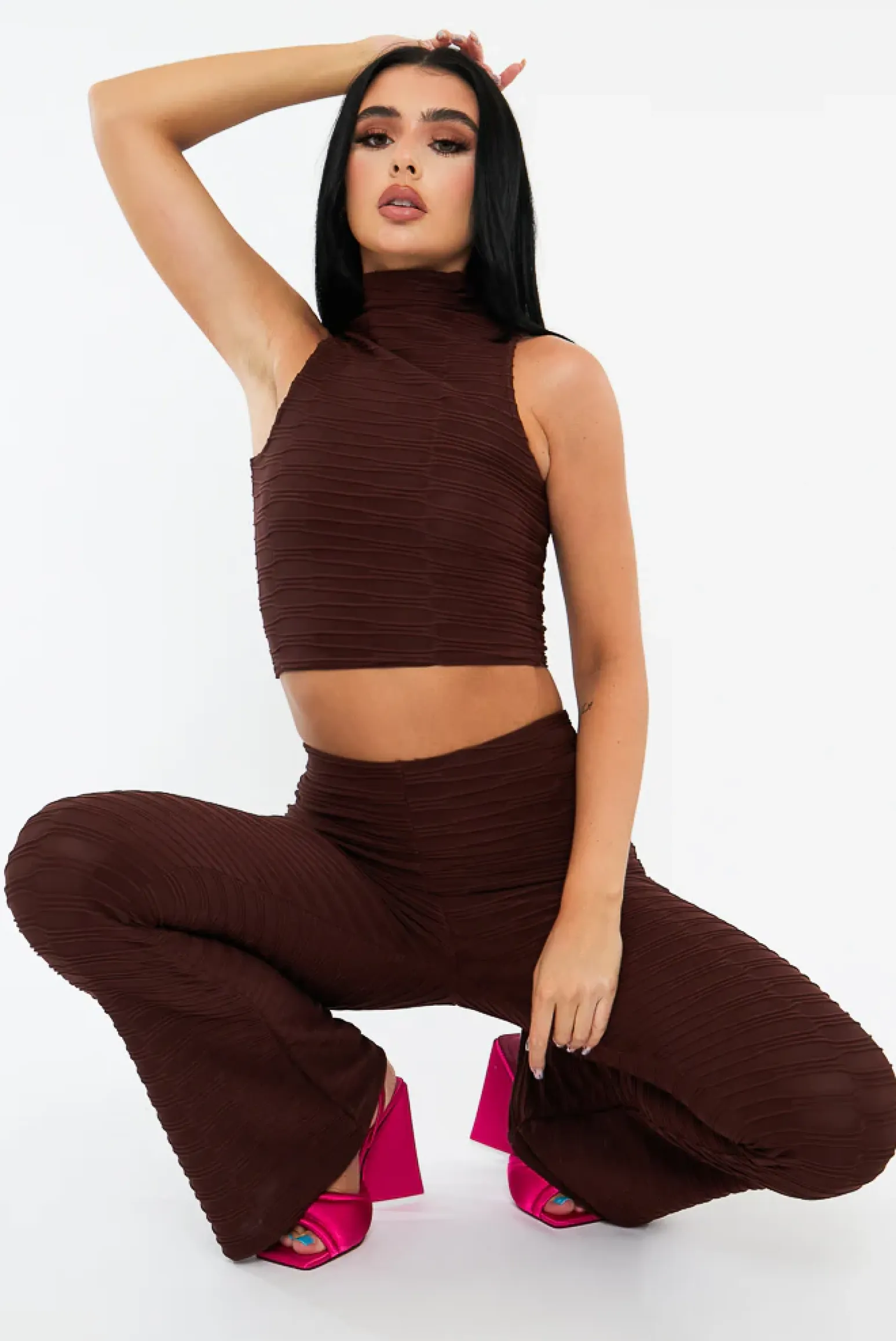 Rebellious Fashion Chocolate High Neck Crop Top & Flare Pants Set - Dailyn