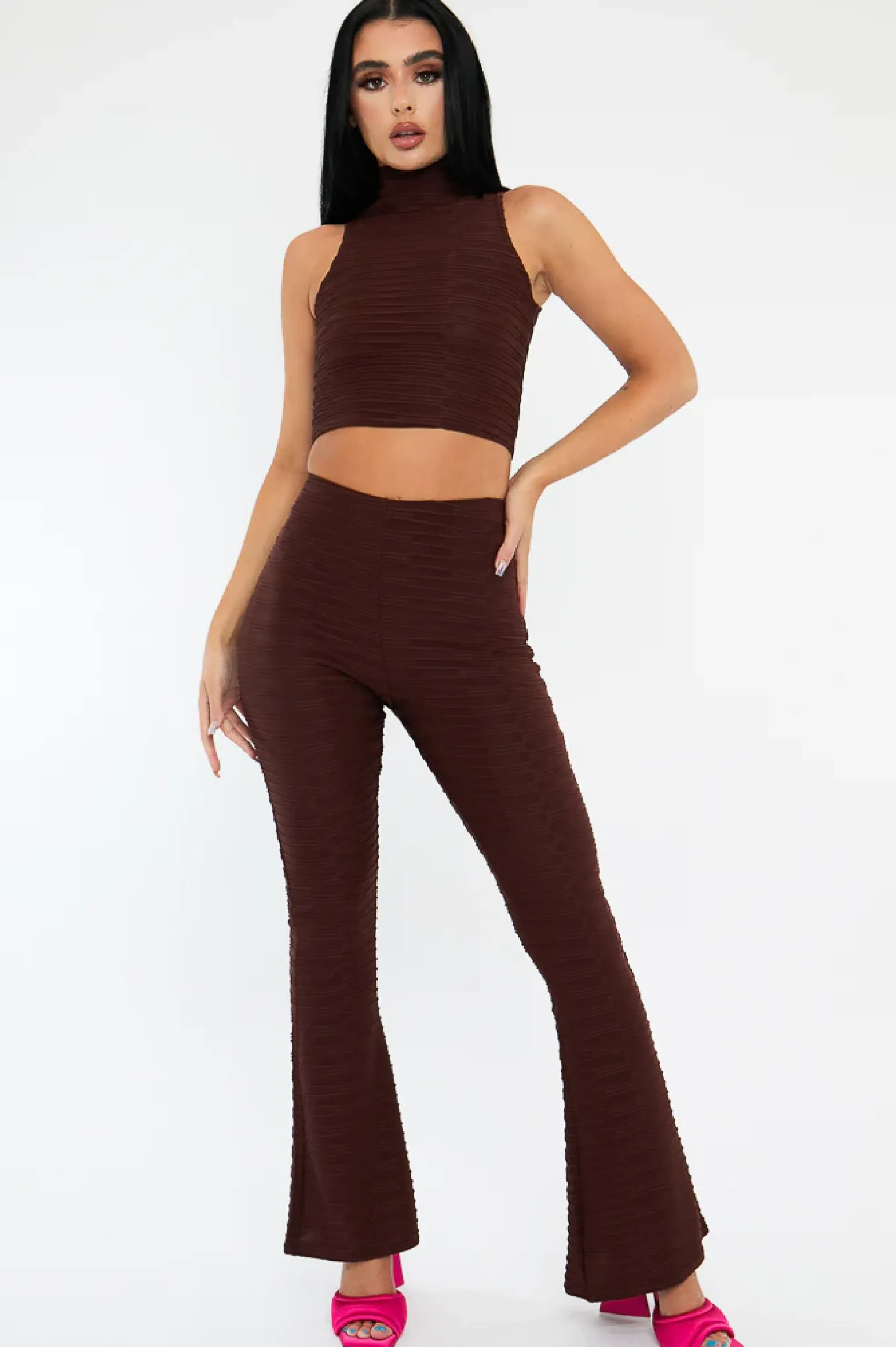 Rebellious Fashion Chocolate High Neck Crop Top & Flare Pants Set - Dailyn