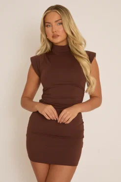 Rebellious Fashion Chocolate High Neck Shoulder Pads Ruched Mini Dress - Meliana