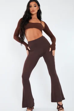 Rebellious Fashion Chocolate Jersey Flare Trousers - Calla