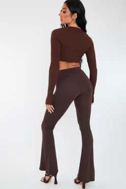 Rebellious Fashion Chocolate Jersey Flare Trousers - Calla