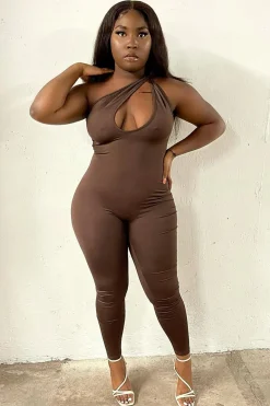 Rebellious Fashion Chocolate Knot Strap Slinky Jumpsuit - Imani