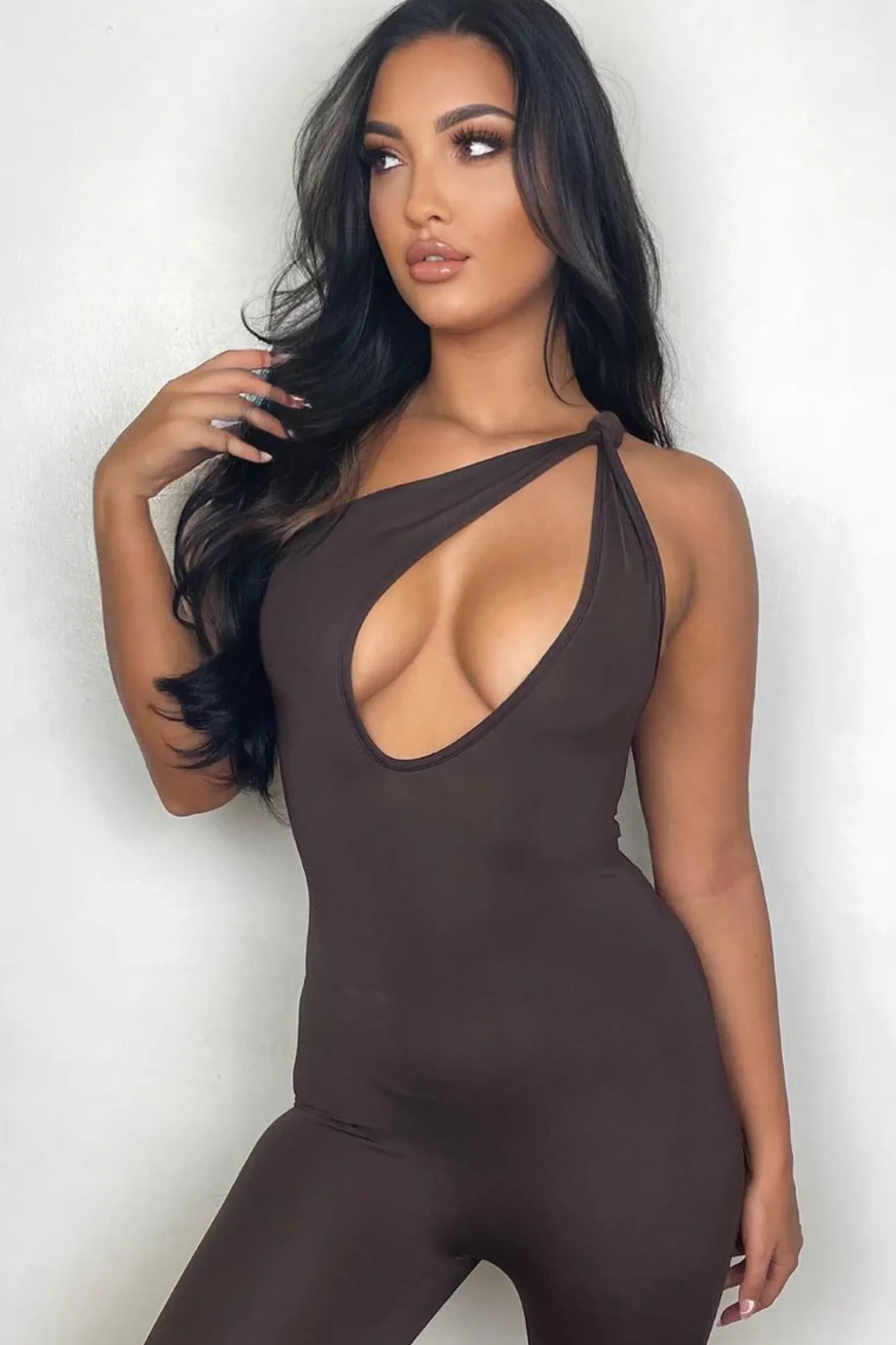 Rebellious Fashion Chocolate Knot Strap Slinky Jumpsuit - Imani