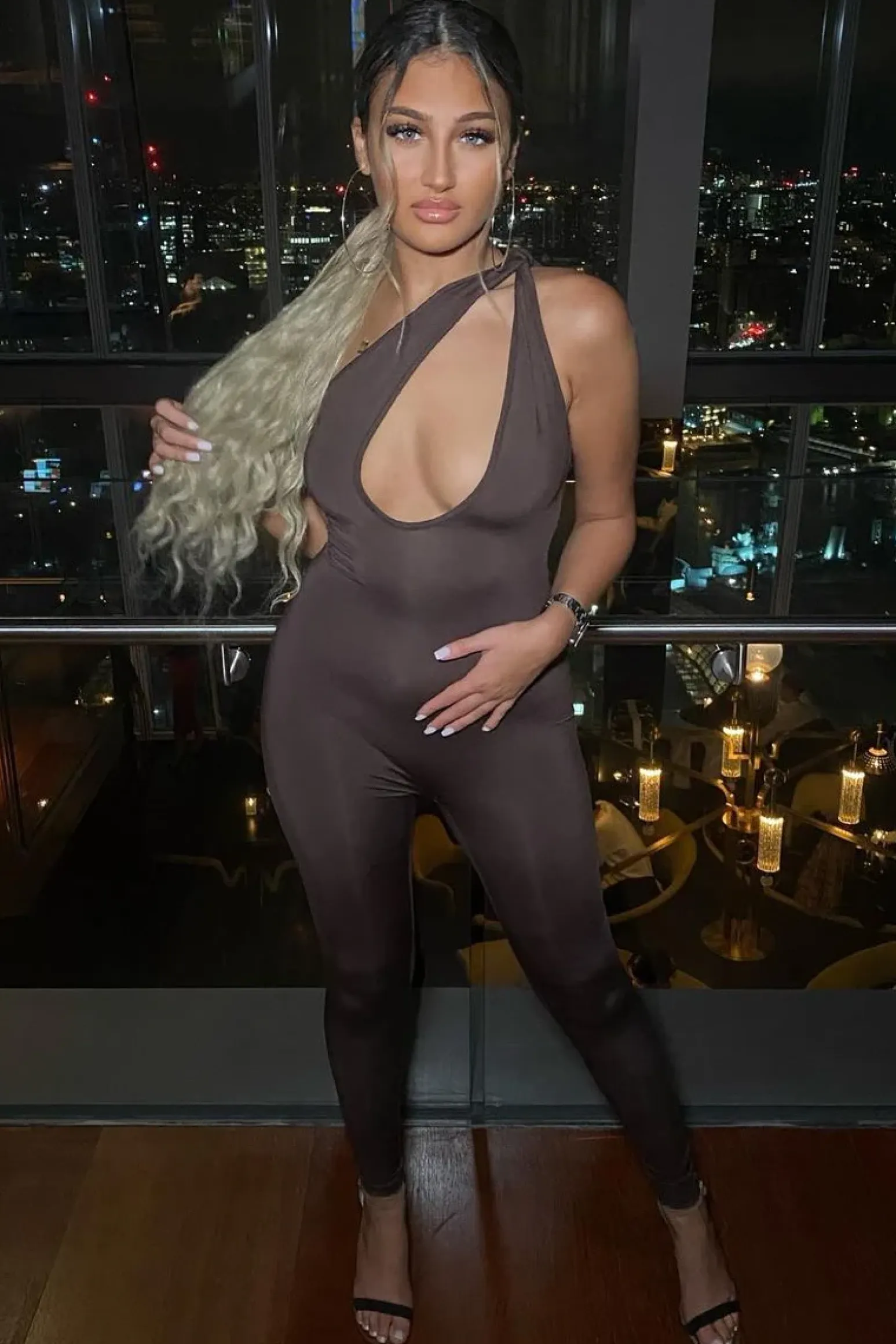 Rebellious Fashion Chocolate Knot Strap Slinky Jumpsuit - Imani
