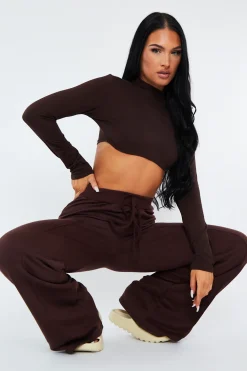 Rebellious Fashion Chocolate Long Sleeve Underbust Crop Top - Tessa