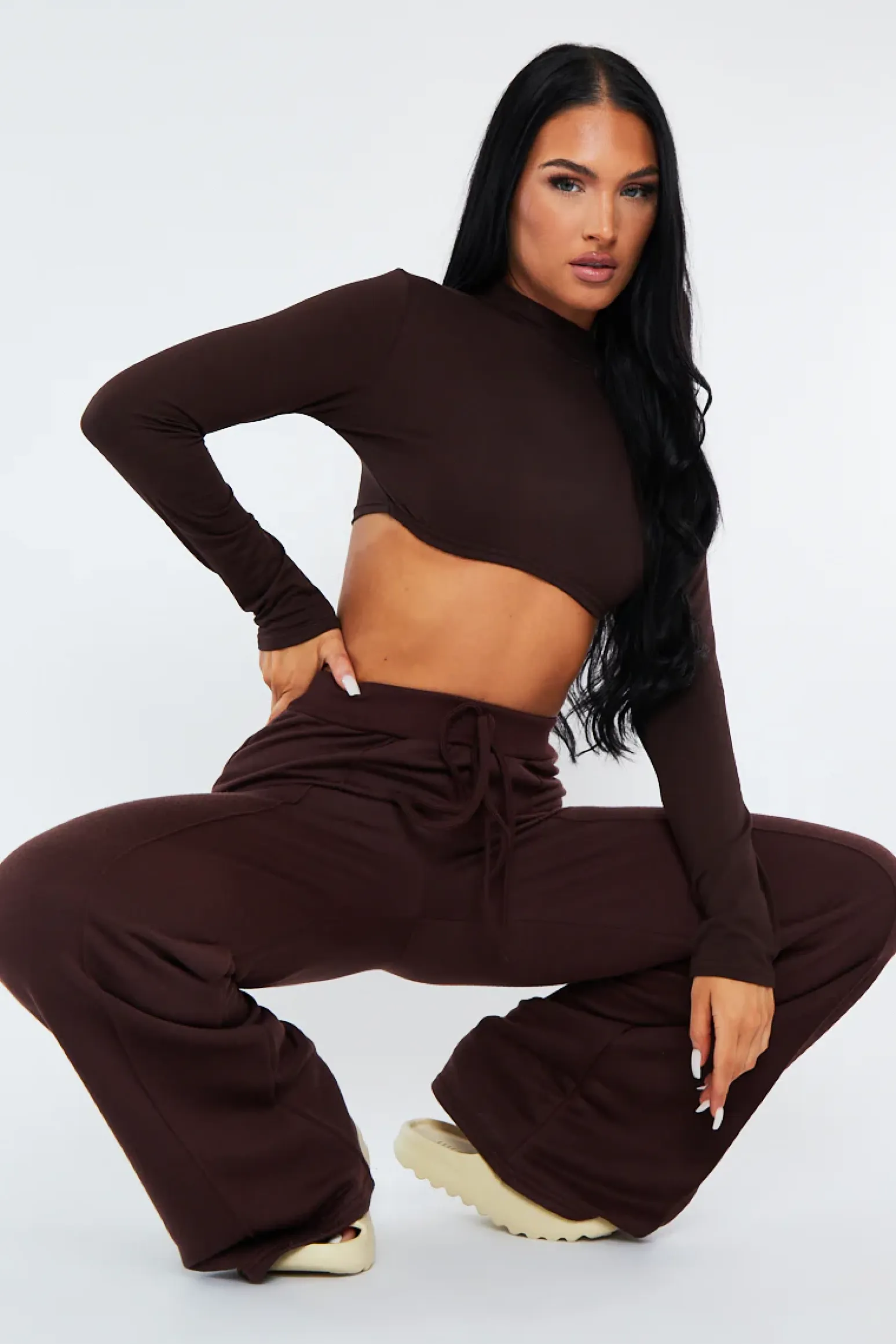 Rebellious Fashion Chocolate Long Sleeve Underbust Crop Top - Tessa