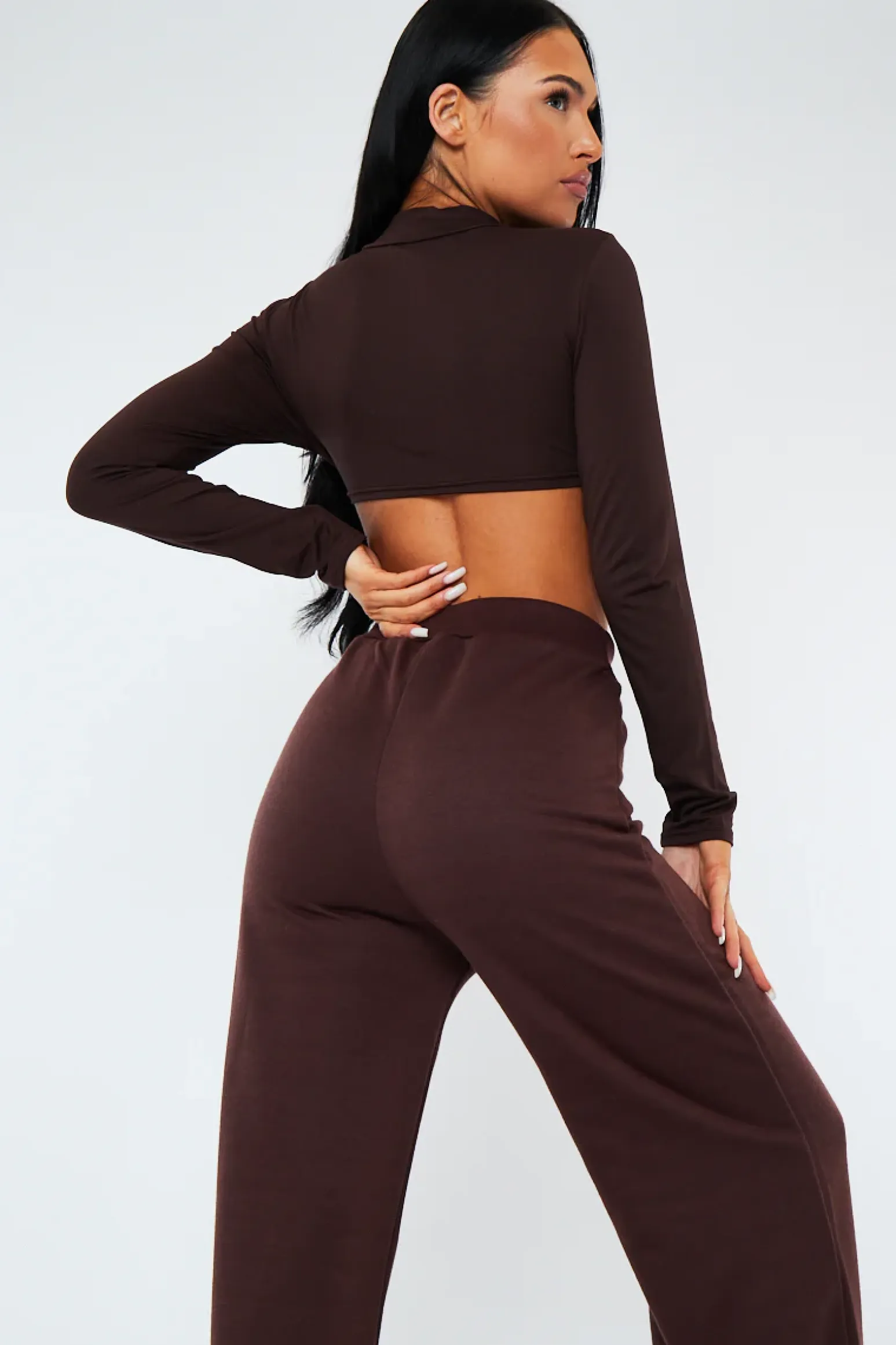 Rebellious Fashion Chocolate Long Sleeve Underbust Crop Top - Tessa