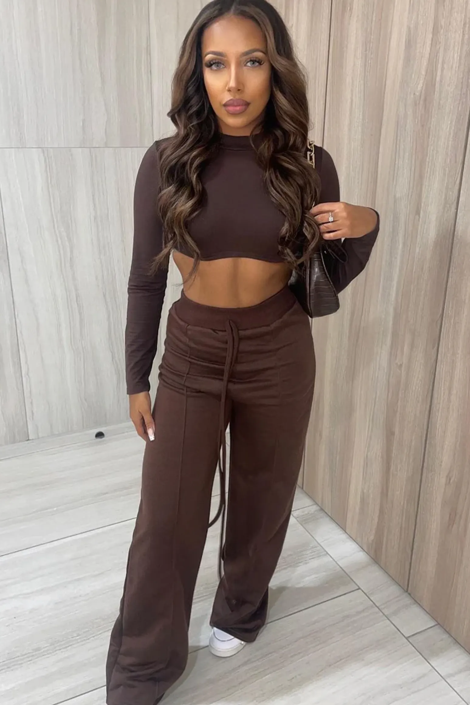 Rebellious Fashion Chocolate Long Sleeve Underbust Crop Top - Tessa