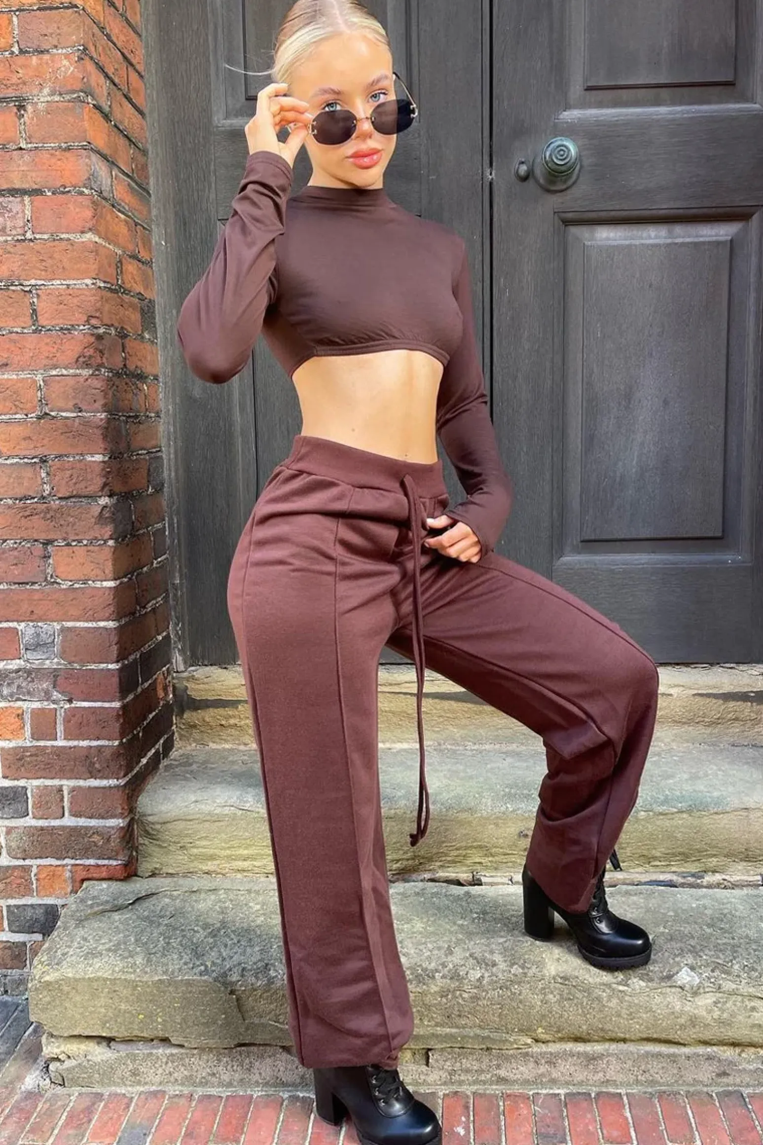 Rebellious Fashion Chocolate Long Sleeve Underbust Crop Top - Tessa