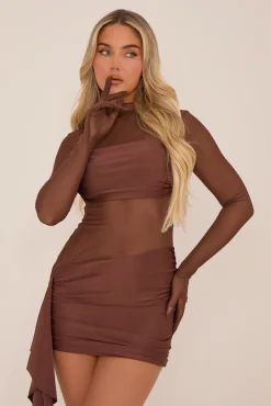 Rebellious Fashion Chocolate Mesh Wrap Glove Mini Dress - Emma