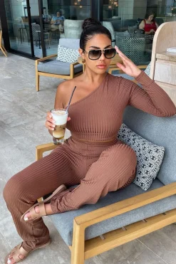 Rebellious Fashion Chocolate One Shoulder Crop Top & Trouser Set - Janece